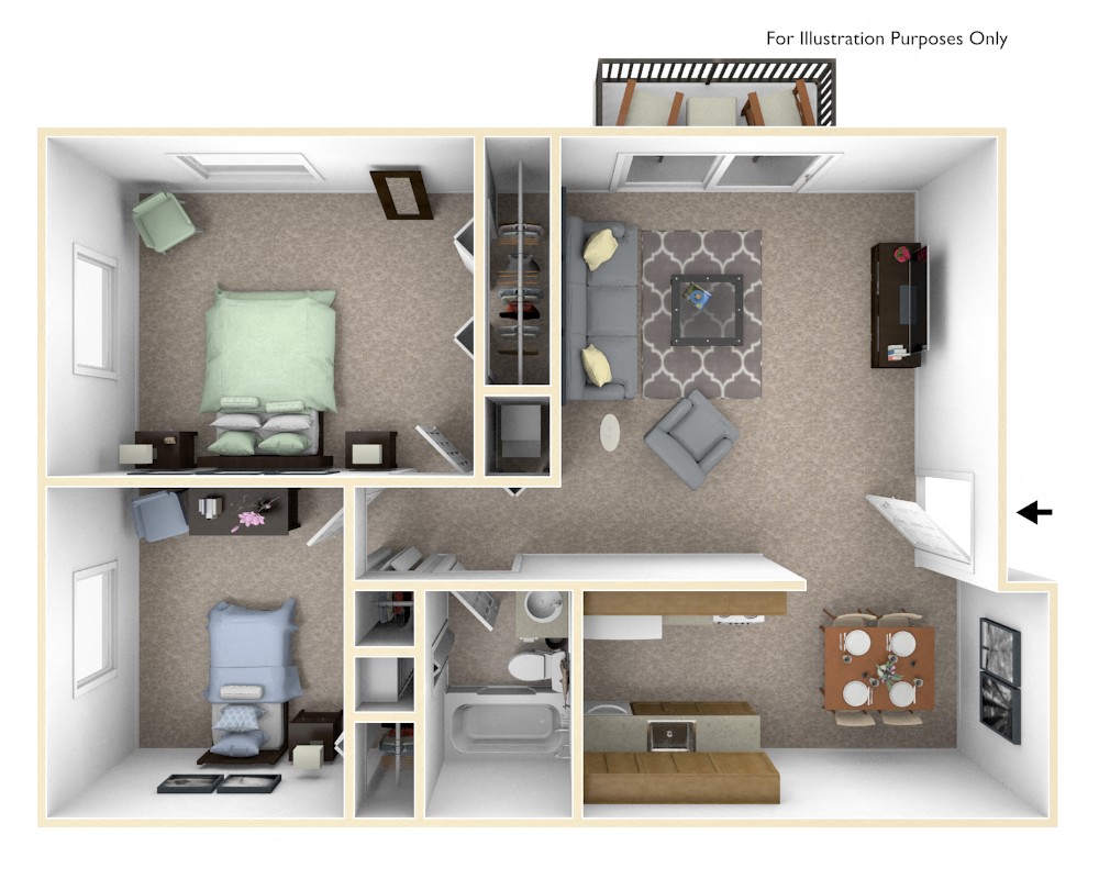 Floor plan for 2 beds, 1 bath, 760 sqft